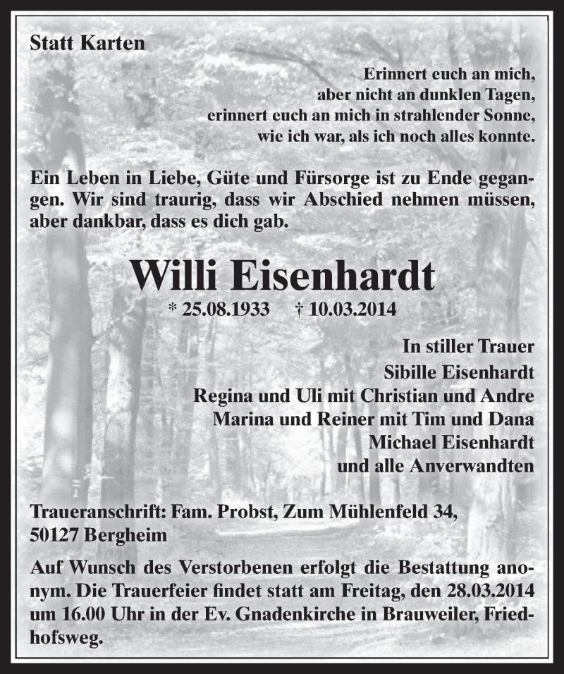  Traueranzeige für Willi Eisenhardt vom 15.03.2014 aus  Sonntags-Post 