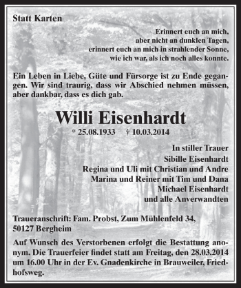 Anzeige von Willi Eisenhardt von  Sonntags-Post 