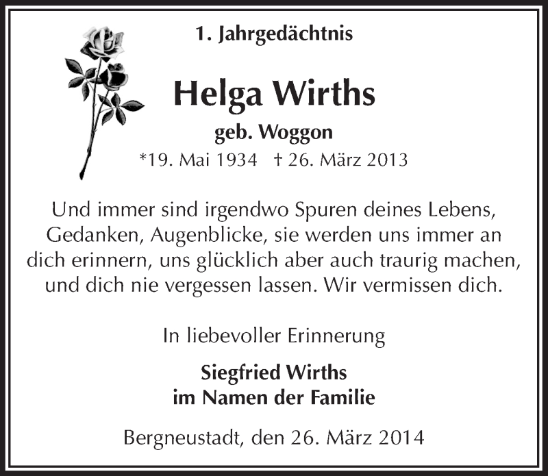  Traueranzeige für Helga Wirths vom 26.03.2014 aus  Anzeigen Echo 