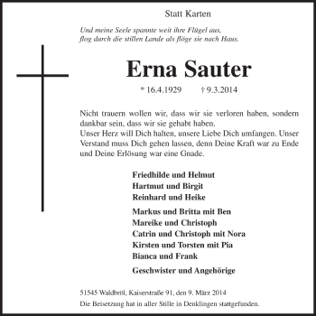 Anzeige von Erna Sauter von  Lokalanzeiger 