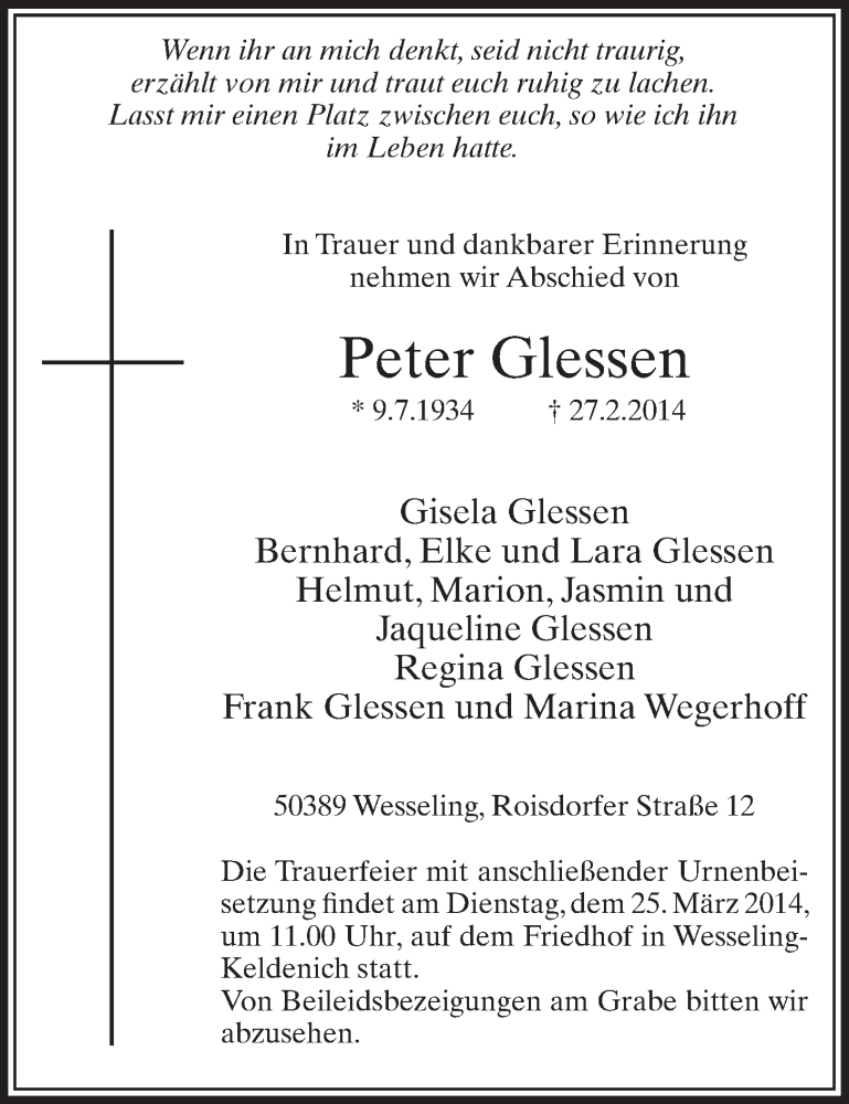  Traueranzeige für Peter Glessen vom 19.03.2014 aus  Schlossbote/Werbekurier 