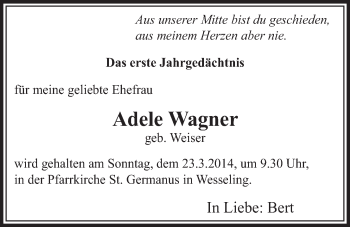 Anzeige von Adele Wagner von  Schlossbote/Werbekurier 