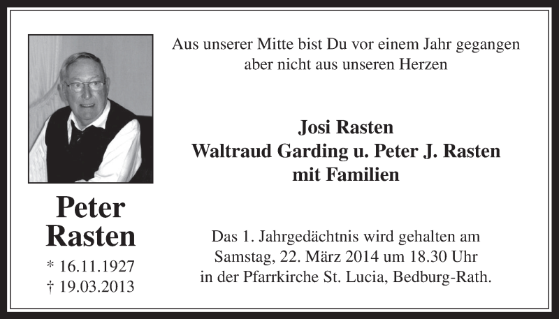  Traueranzeige für Peter Rasten vom 19.03.2014 aus  Werbepost 