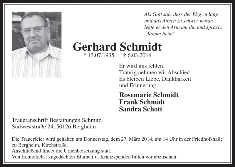  Traueranzeige für Gerhard Schmidt vom 19.03.2014 aus  Werbepost 