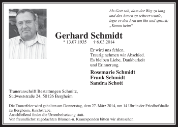 Anzeige von Gerhard Schmidt von  Werbepost 