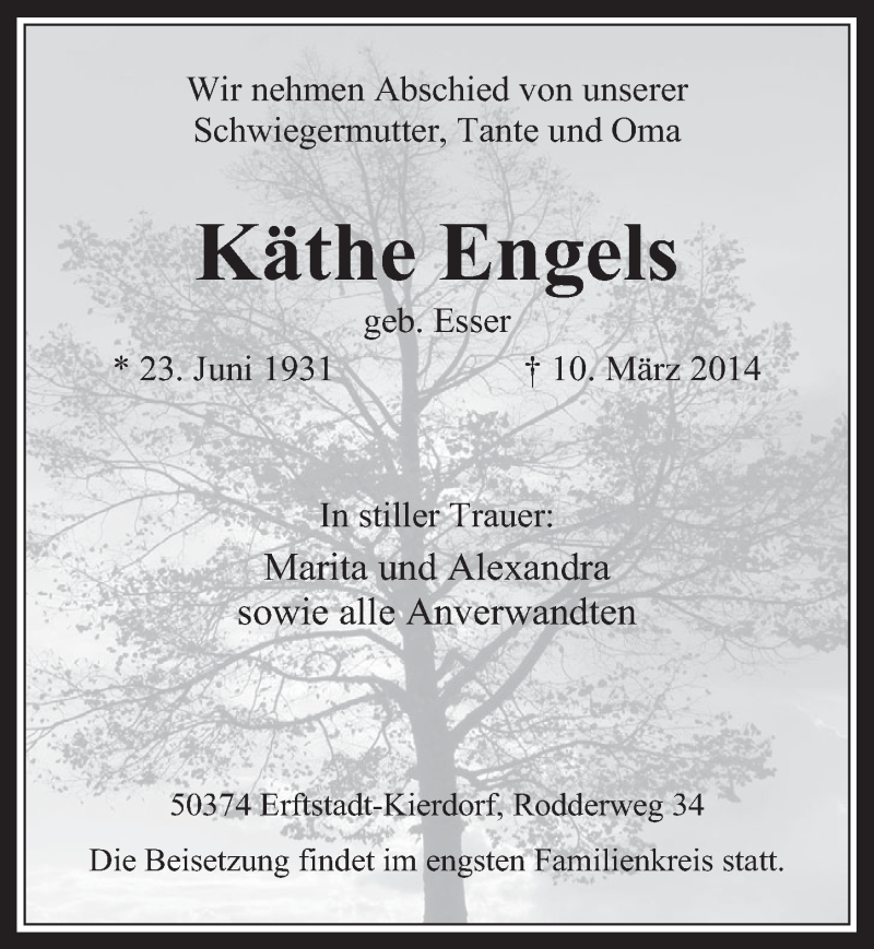  Traueranzeige für Käthe Engels vom 15.03.2014 aus  Sonntags-Post 