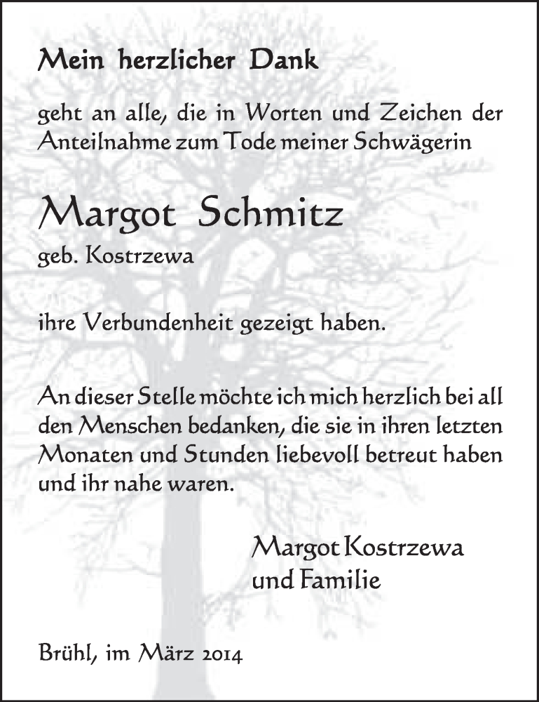  Traueranzeige für Margot Schmitz vom 19.03.2014 aus  Schlossbote/Werbekurier 