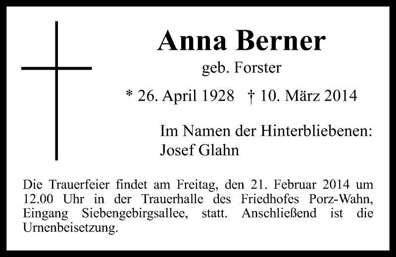  Traueranzeige für Anna Berner vom 19.03.2014 aus  Kölner Wochenspiegel 