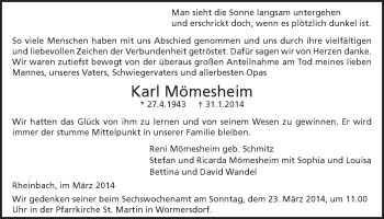Anzeige von Karl Mömesheim von  Schaufenster/Blickpunkt 