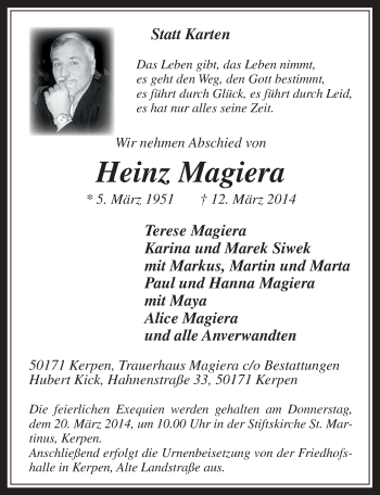 Anzeige von Heinz Magiera von  Werbepost 