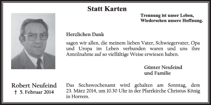  Traueranzeige für Robert Neufeind vom 15.03.2014 aus  Sonntags-Post 