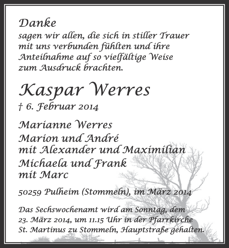  Traueranzeige für Kaspar Werres vom 15.03.2014 aus  Sonntags-Post 