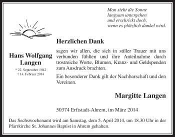 Anzeige von Hans Wolfgang Langen von  Werbepost 