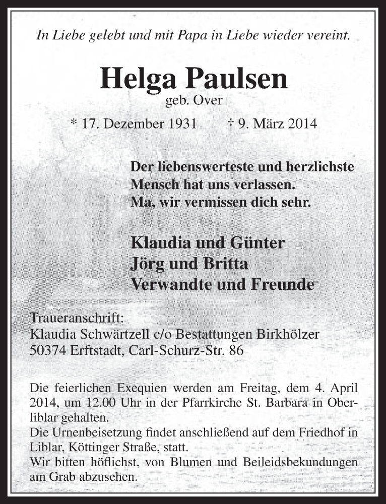 Traueranzeige für Helga Paulsen vom 26.03.2014 aus  Werbepost 