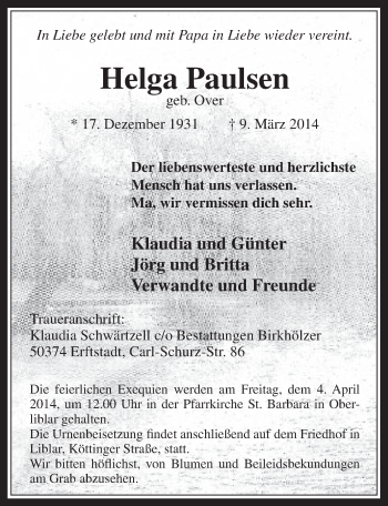 Anzeige von Helga Paulsen von  Werbepost 