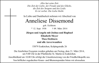 Anzeige von Anneliese Dissemond von  Blickpunkt Euskirchen 