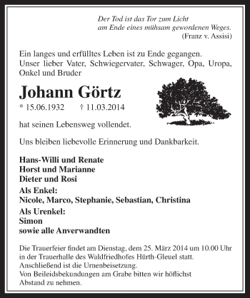Anzeige von Johann Görtz von  Wochenende 