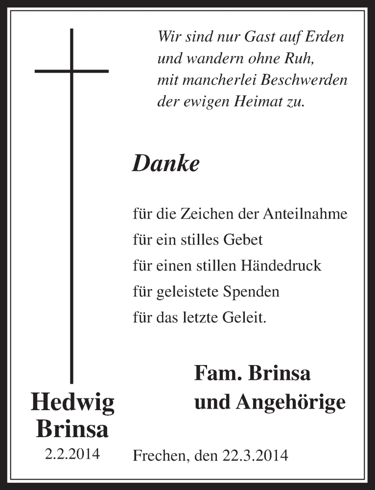  Traueranzeige für Hedwig Brinsa vom 22.03.2014 aus  Sonntags-Post 
