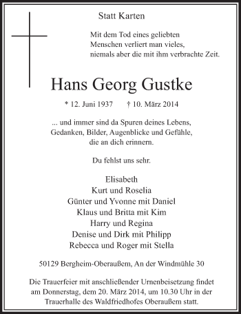 Anzeige von Hans Georg Gustke von  Sonntags-Post 