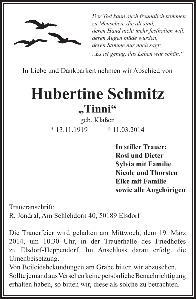  Traueranzeige für Hubertine Schmitz vom 15.03.2014 aus  Sonntags-Post 
