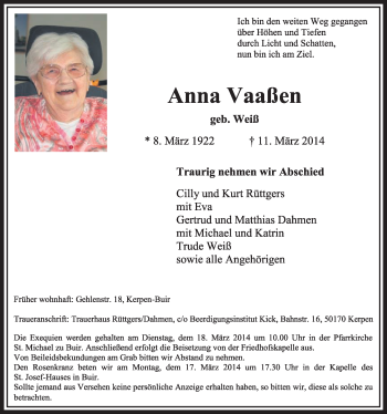 Anzeige von Anna Vaaßen von  Sonntags-Post 