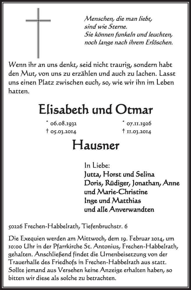  Traueranzeige für Elisabeth und Otmar  vom 15.03.2014 aus  Sonntags-Post 