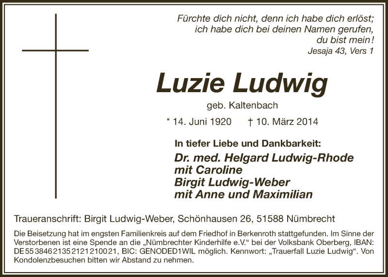  Traueranzeige für Luzie Ludwig vom 19.03.2014 aus  Lokalanzeiger 
