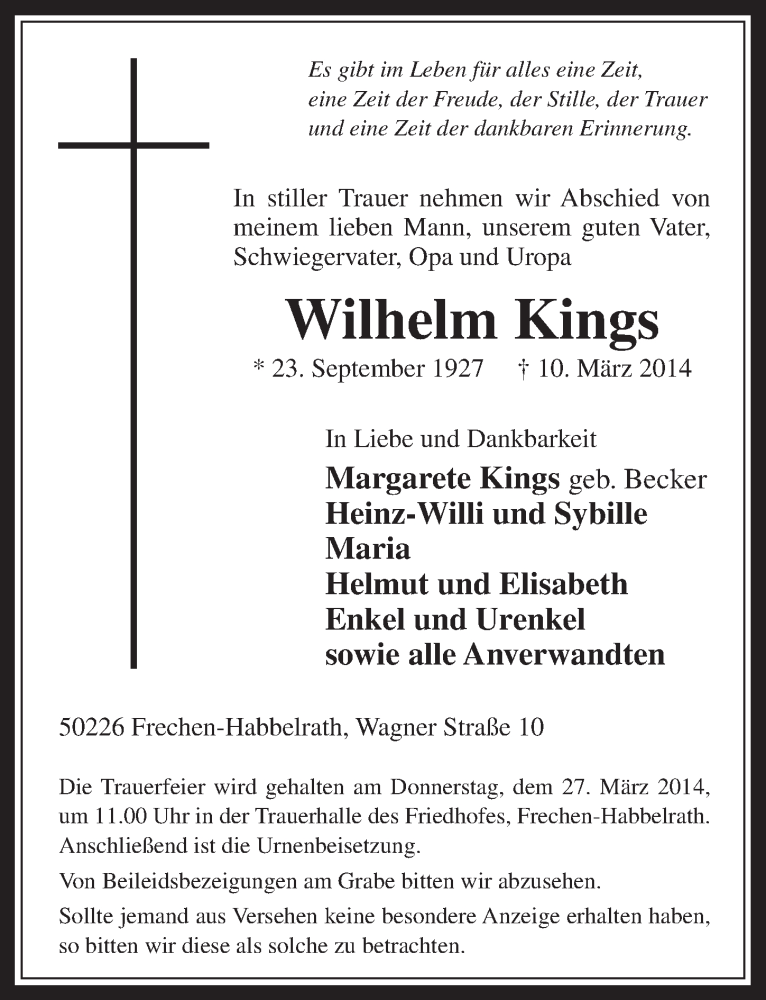  Traueranzeige für Wilhelm Kings vom 19.03.2014 aus  Wochenende 