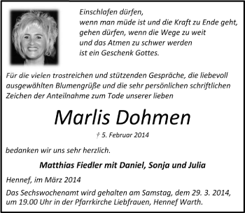 Anzeige von Marlis Dohmen von  Extra Blatt 