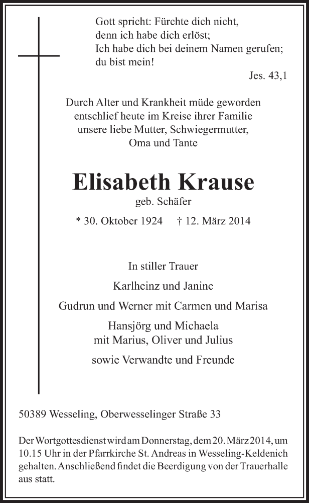  Traueranzeige für Elisabeth Krause vom 19.03.2014 aus  Schlossbote/Werbekurier 