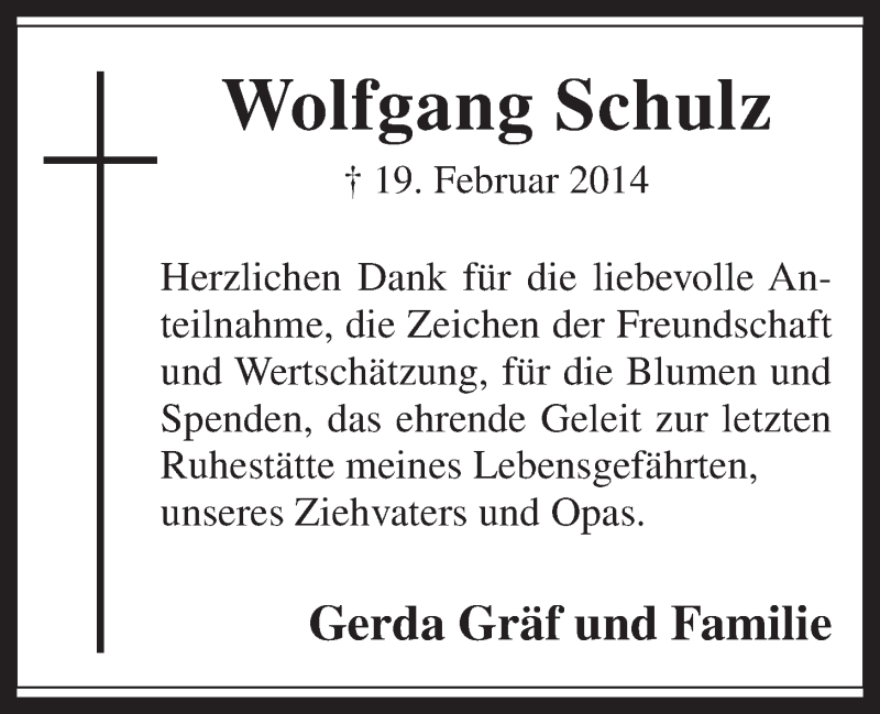  Traueranzeige für Wolfgang Schulz vom 19.03.2014 aus  Schlossbote/Werbekurier 