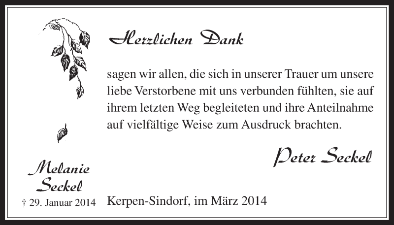  Traueranzeige für Melanie Seckel vom 19.03.2014 aus  Werbepost 