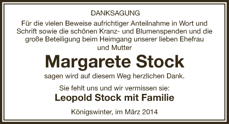  Traueranzeige für Margarete Stock vom 19.03.2014 aus  Extra Blatt 
