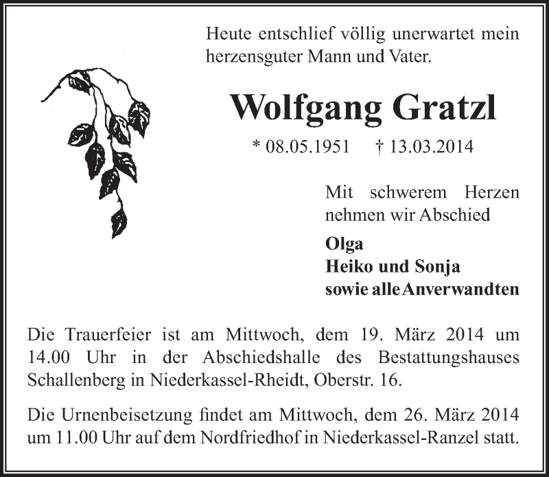  Traueranzeige für Wolfgang Gratzl vom 19.03.2014 aus  Extra Blatt 