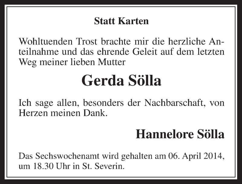  Traueranzeige für Gerda Sölla vom 22.03.2014 aus  Sonntags-Post 