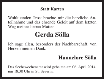 Anzeige von Gerda Sölla von  Sonntags-Post 