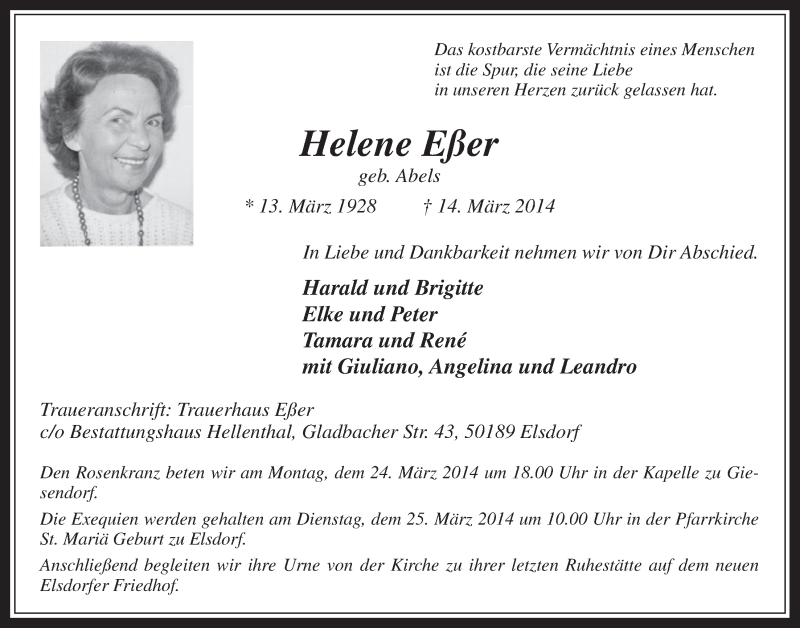  Traueranzeige für Helene Eßer vom 19.03.2014 aus  Werbepost 