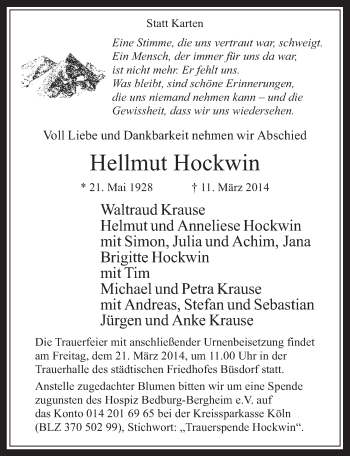 Anzeige von Hellmut Hockwin von  Werbepost 