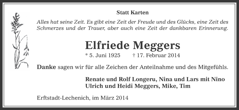  Traueranzeige für Elfriede Meggers vom 19.03.2014 aus  Werbepost 