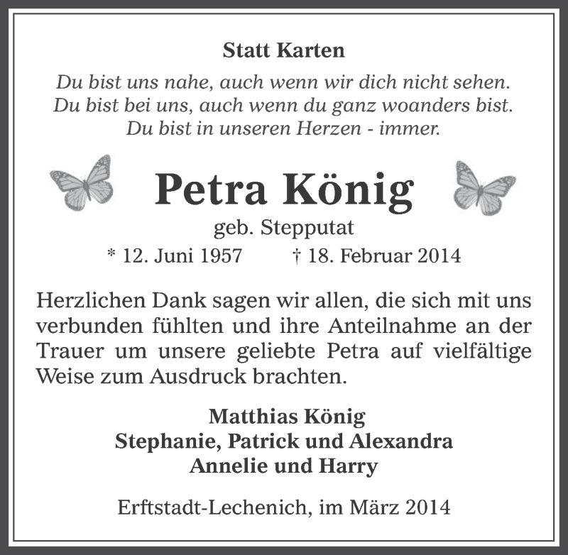  Traueranzeige für Petra König vom 19.03.2014 aus  Werbepost 