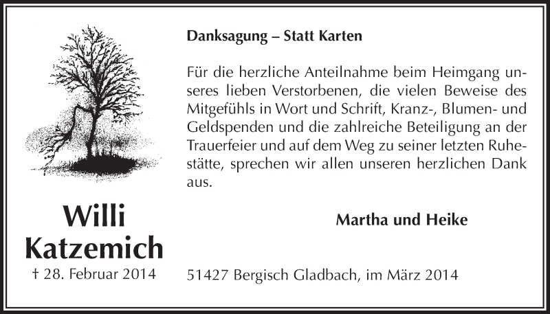  Traueranzeige für Willi Katzemich vom 19.03.2014 aus  Bergisches Handelsblatt 