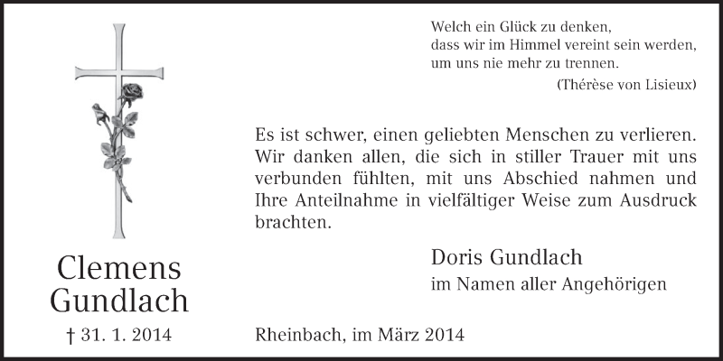  Traueranzeige für Clemens Gundlach vom 19.03.2014 aus  Schaufenster/Blickpunkt 