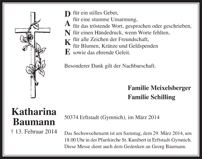  Traueranzeige für Katharina Baumann vom 26.03.2014 aus  Wochenende  Werbepost 