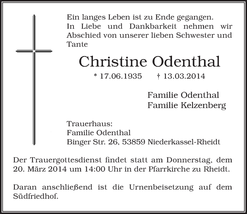  Traueranzeige für Christine Odenthal vom 19.03.2014 aus  Extra Blatt 