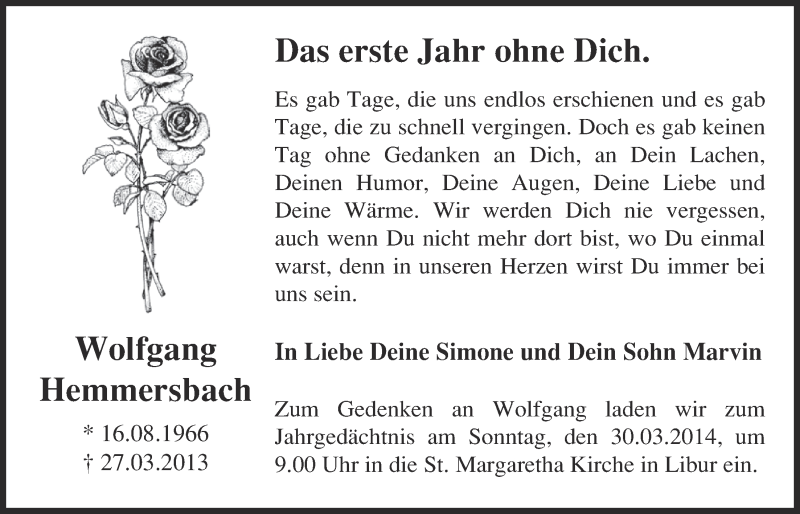  Traueranzeige für Wolfgang Hemmersbach vom 26.03.2014 aus  Kölner Wochenspiegel 