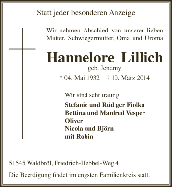 Anzeige von Hannelore Lillich von  Lokalanzeiger 