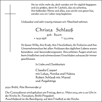 Anzeige von Christa Schtauf von  Schlossbote/Werbekurier 