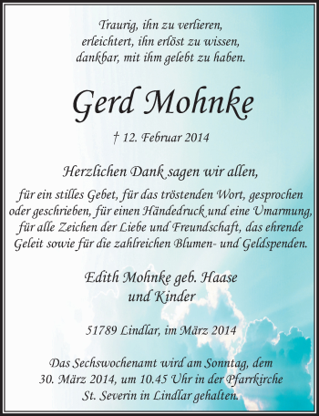 Anzeige von Gerd Mohnke von  Anzeigen Echo 