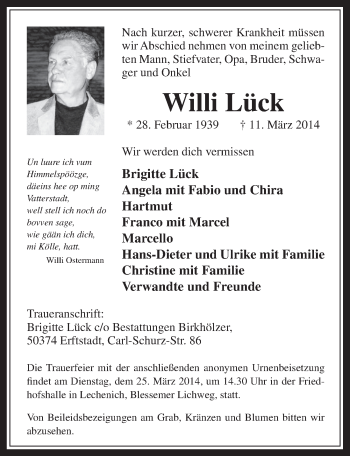 Anzeige von Willi Lück von  Wochenende  Werbepost 