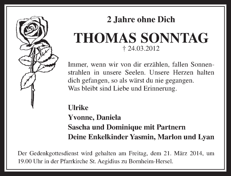  Traueranzeige für Thomas Sonntag vom 19.03.2014 aus  Extra Blatt 
